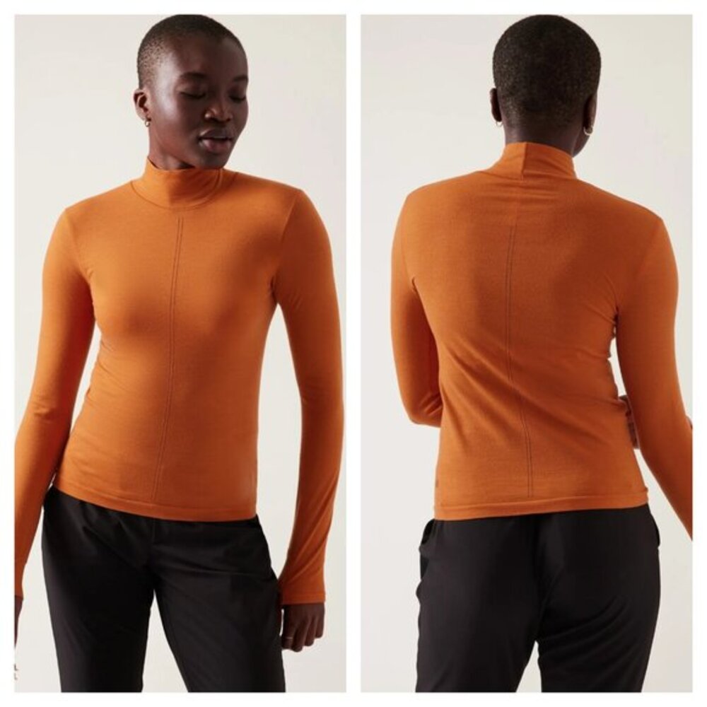 Athleta Ascent Seamless Turtleneck Wool/Nylon Long Sleeve Active Top M Orange